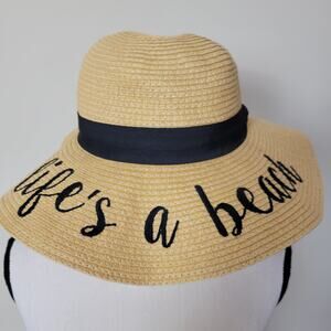 C.C Exclusives Life's A Beach Straw Paper Sun Hat Beach Ribbon Trim Adjustable